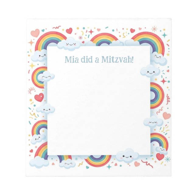 Kawaii Rainbows Personalised Mitzvah Notes Notepad (Front)