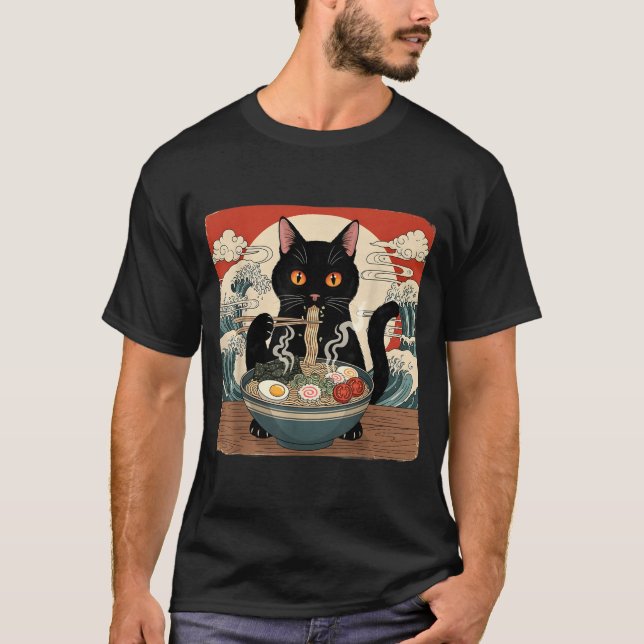 Kawaii Ramen Cat Anime Japanese Noodles Food Wave  T-Shirt (Front)