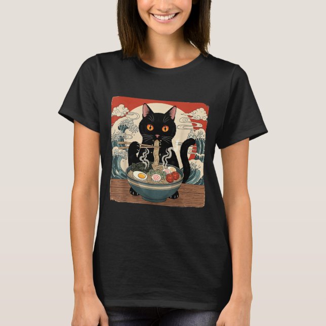 Kawaii Ramen Cat Anime Japanese Noodles Food Wave  T-Shirt (Front)