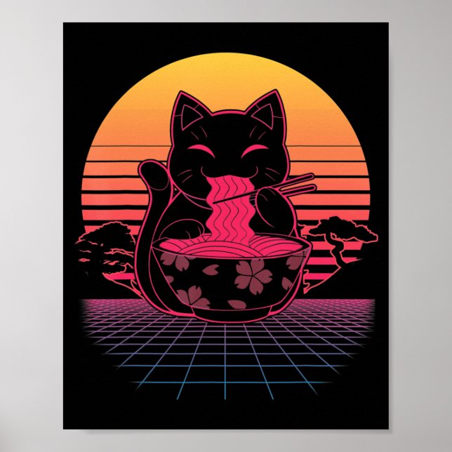 Kawaii Ramen Neko Retro Cat Japanese Noodle Anime  Poster (Front)