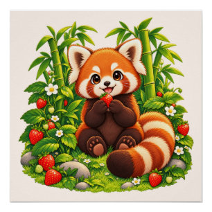 Kawaii Red Panda Strawberry Garden Glossy Poster