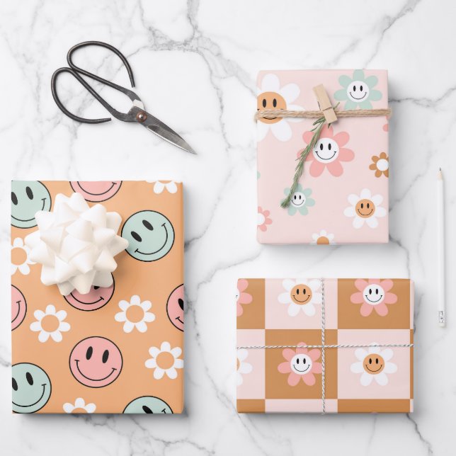 Kawaii Retro Happy Daisy Wrapping Paper Sheet (Front)