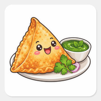 Kawaii Samosa Sticker, Cute Indian Food Die-Cut Vi Square Sticker