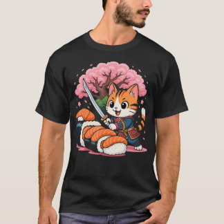 Kawaii Samurai Cat Sushi Funny Japanese Food T-Shirt