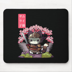Kawaii Samurai Kitten with Cherry Blossom Japanese Mouse Pad