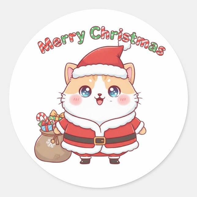 Kawaii Santa Cat Merry Christmas Holiday Gift Classic Round Sticker (Front)