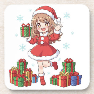 Kawaii Santa Girl with Gifts Coaster