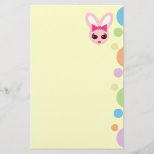 Kawaii Sassy Bunny Pink Bow & Mod Dots Stationery
