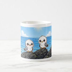 Kawaii seagulls on the rock in front of the sea coffee mug