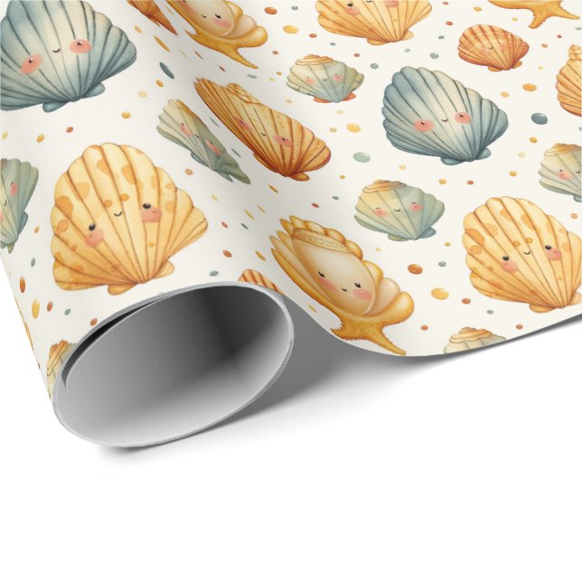Kawaii Shells Yellow and Blue Wrapping Paper (Roll Corner)