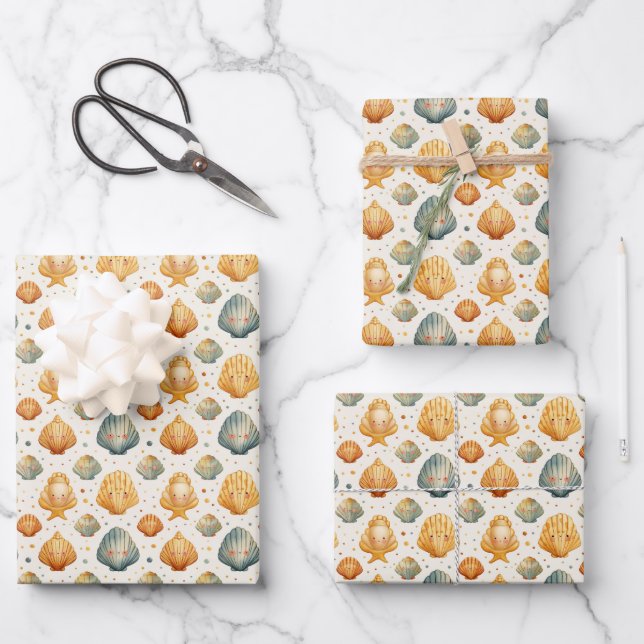 Kawaii Shells Yellow and Blue Wrapping Paper Sheet (Front)