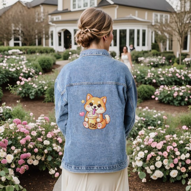 Kawaii Shiba Inu Drinking Bubble Tea Unisex Denim Jacket (Wedding Back)
