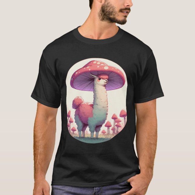 Kawaii simple smiling llama in Mushroom Hat  T-Shirt (Front)