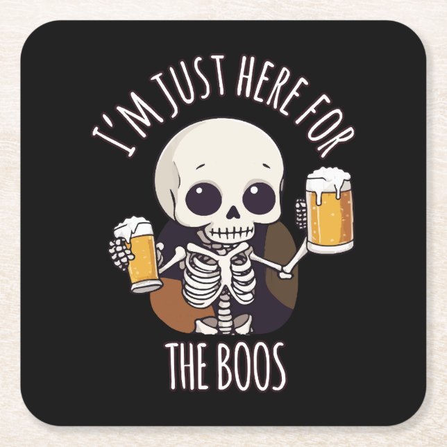 Kawaii Skeleton Halloween Oktoberfest Square Paper Coaster (Front)