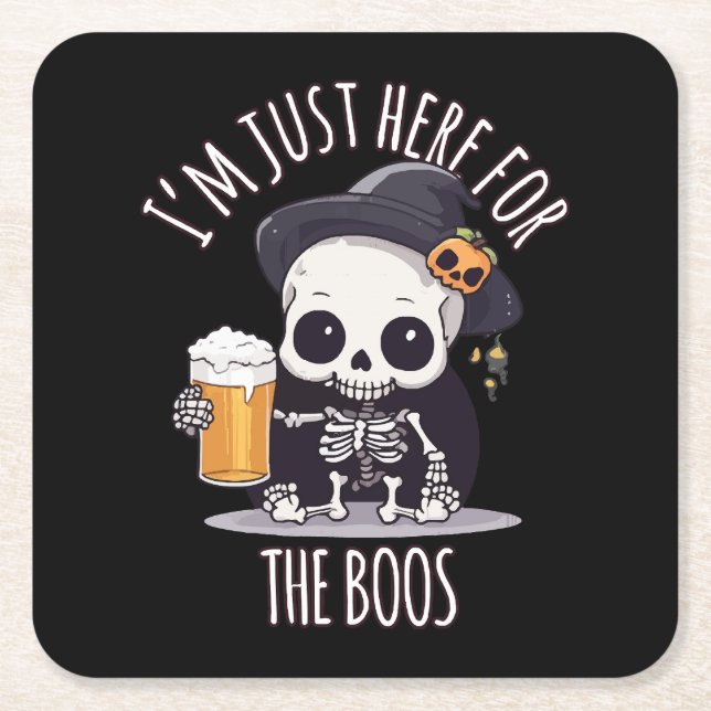 Kawaii Skeleton Halloween Oktoberfest Square Paper Coaster (Front)