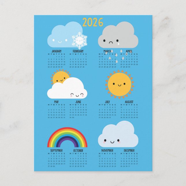 Kawaii Skies Happy Weather 2026 Calendar Postcard (Front)