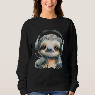 Kawaii Sloth Headphones Animal Sketch Music Lover Sweatshirt