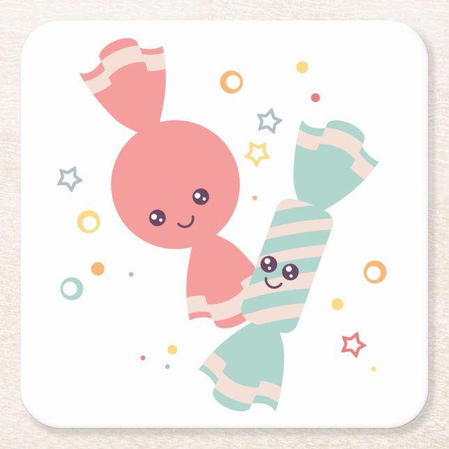 Kawaii Smiling Candy Sqaure Paper Coaster (Front)