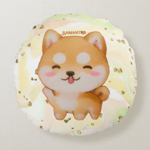 Kawaii Smiling Cartoon-Style Shiba Inu Round Cushion