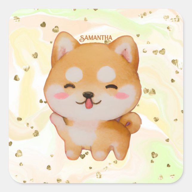 Kawaii Smiling Cartoon-Style Shiba Inu Square Sticker (Front)