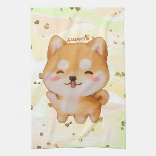Kawaii Smiling Cartoon-Style Shiba Inu Tea Towel