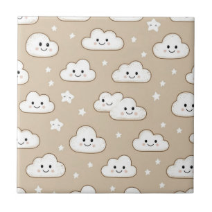  Kawaii Smiling Clouds & Stars on Beige Ceramic Tile