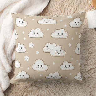  Kawaii Smiling Clouds & Stars on Beige Cushion