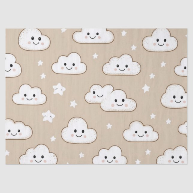 Kawaii Smiling Clouds & Stars on Beige Tissue Paper (Front)