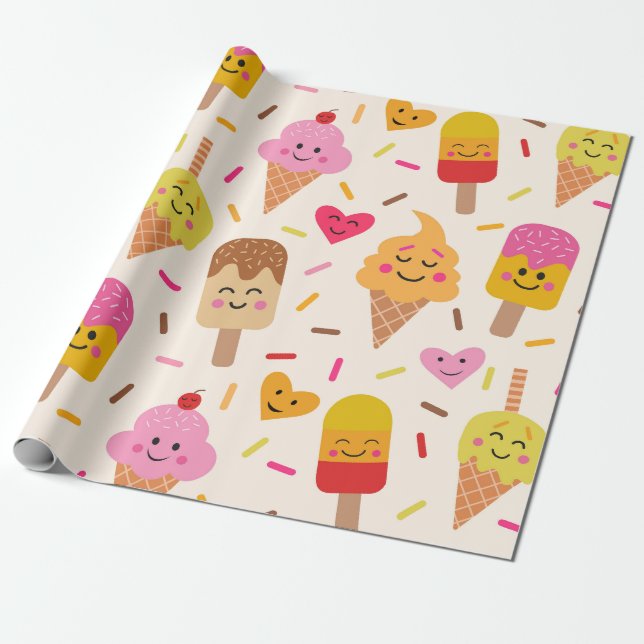 Kawaii Smiling Ice cream Kids Birthday  Wrapping Paper (Unrolled)