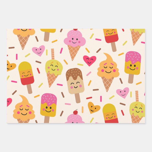 Kawaii Smiling Ice cream Kids Birthday  Wrapping Paper Sheet (Front)