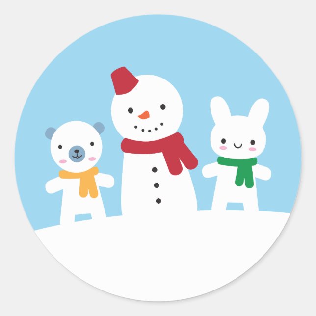 Kawaii Snow Day with Bunny & Bear Classic Round Sticker (Front)