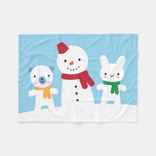 Kawaii Snow Day with Bunny & Bear Fleece Blanket (Front (Horizontal))