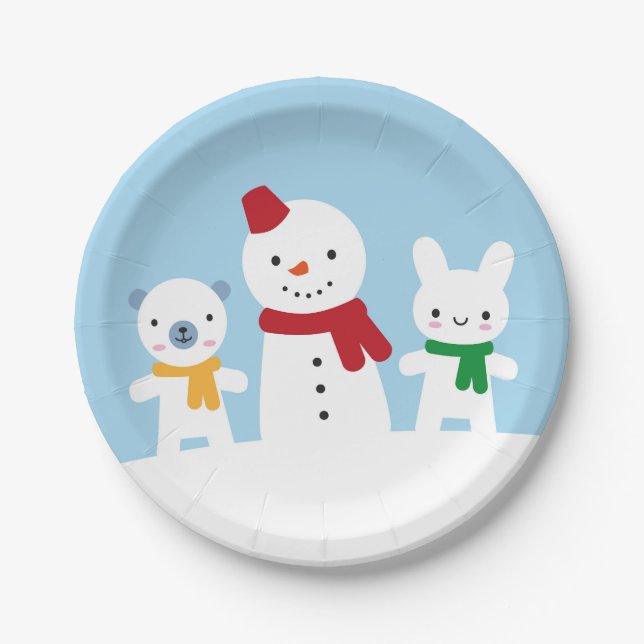 Kawaii Snow Day with Bunny & Bear Paper Plate (Front)