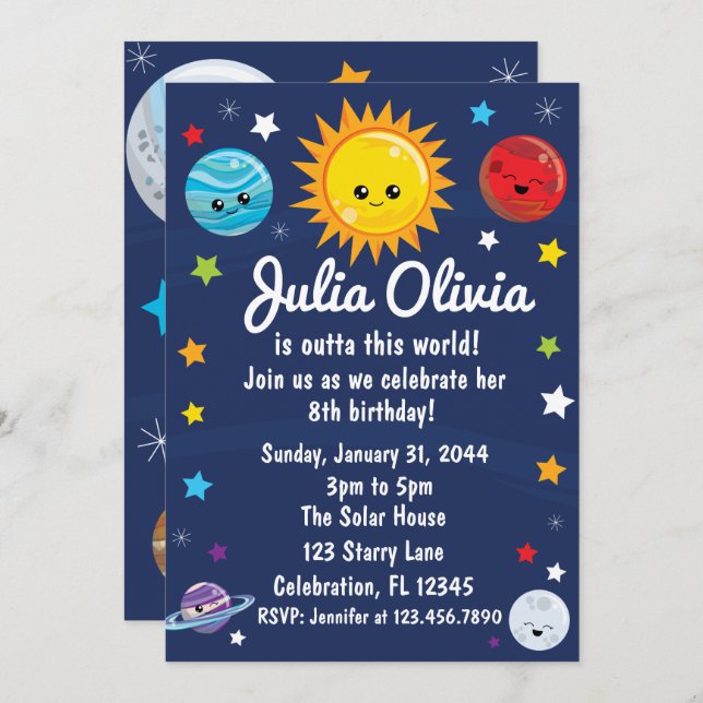 Kawaii Solar System Outta This World Birthday Invitation (Front/Back)