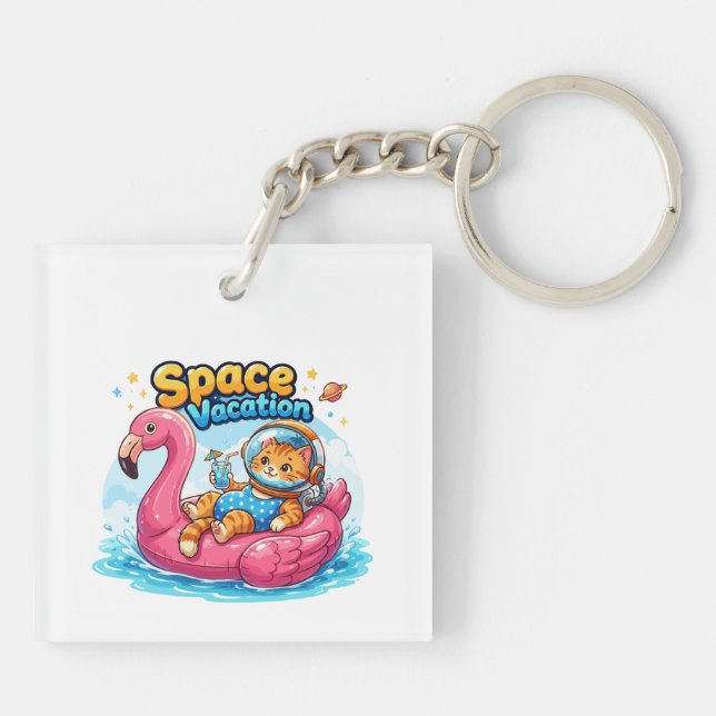  Kawaii Space Cat Vacation Design Key Ring (Back)