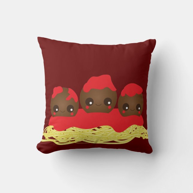 Kawaii Spaghetti & Meatballs  Throw Pillow (Front)