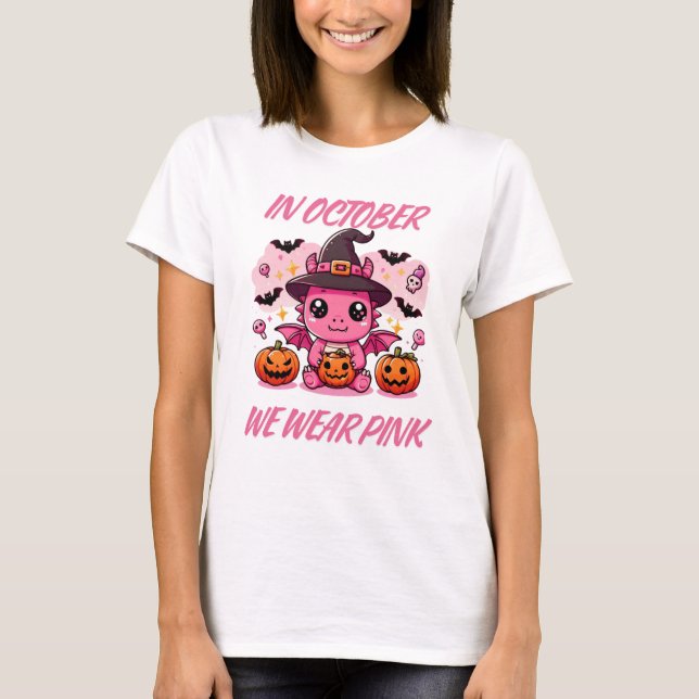 Kawaii Spooky Season Pink Witch Dragon Design T-Shirt (Front)