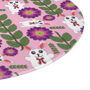Kawaii Spring Bunny: Vibrant Purple Floral Cutting Board