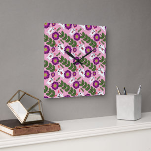 Kawaii Spring Bunny: Vibrant Purple Floral Square Wall Clock