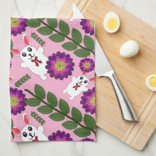 Kawaii Spring Bunny: Vibrant Purple Floral Tea Towel