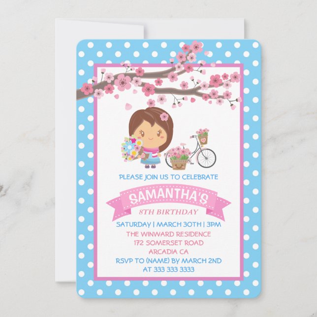 Kawaii Spring Cherry Blossoms Girl Birthday Party Invitation (Front)