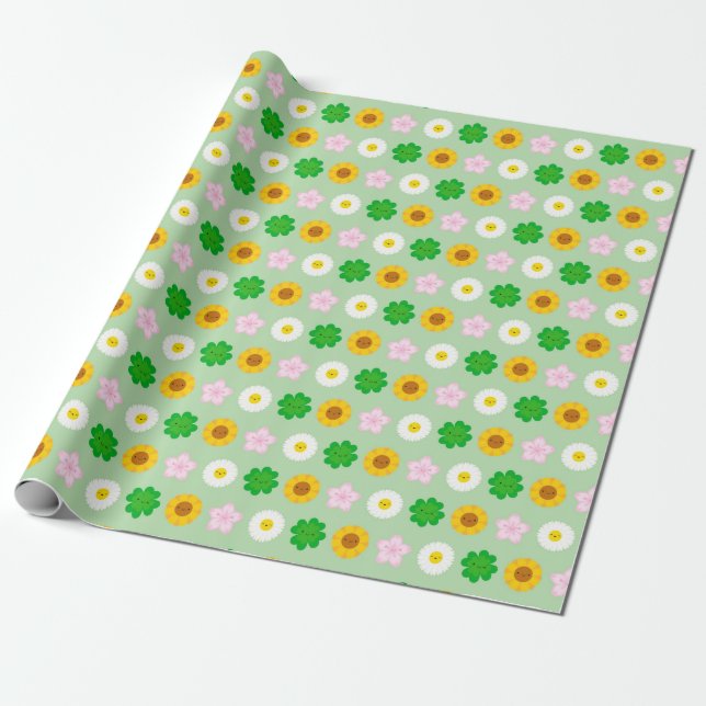 Kawaii Spring Flowers (Green) Wrapping Paper (Unrolled)