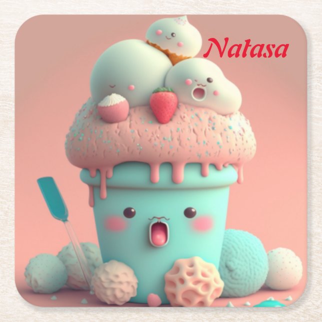 Kawaii  square paper coaster (Front)