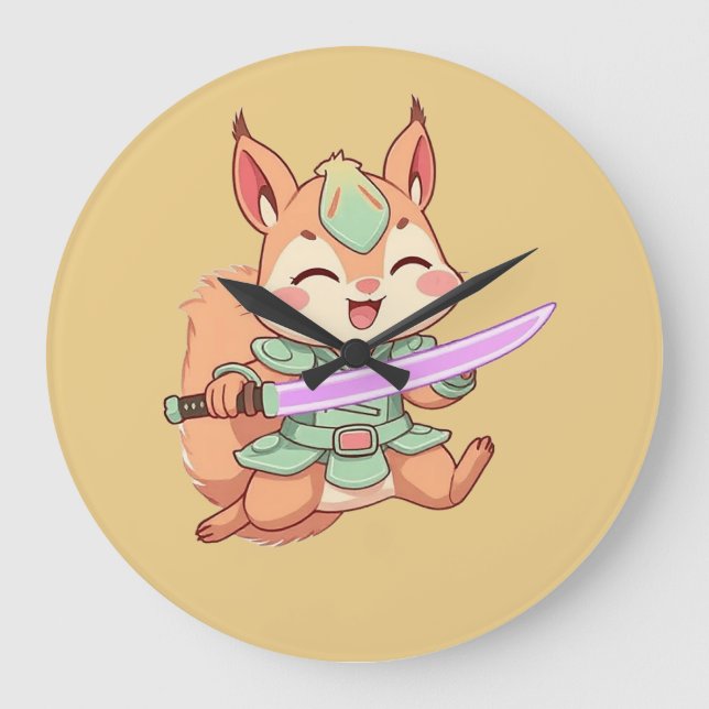 Kawaii Squirrel Samurai. Large Clock (Front)