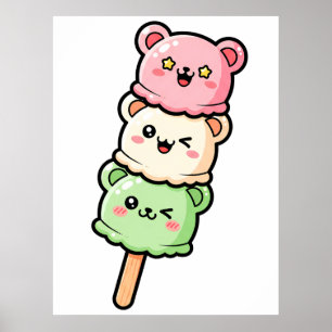 Kawaii Stacked Bear Ice Cream Illustration Poster
