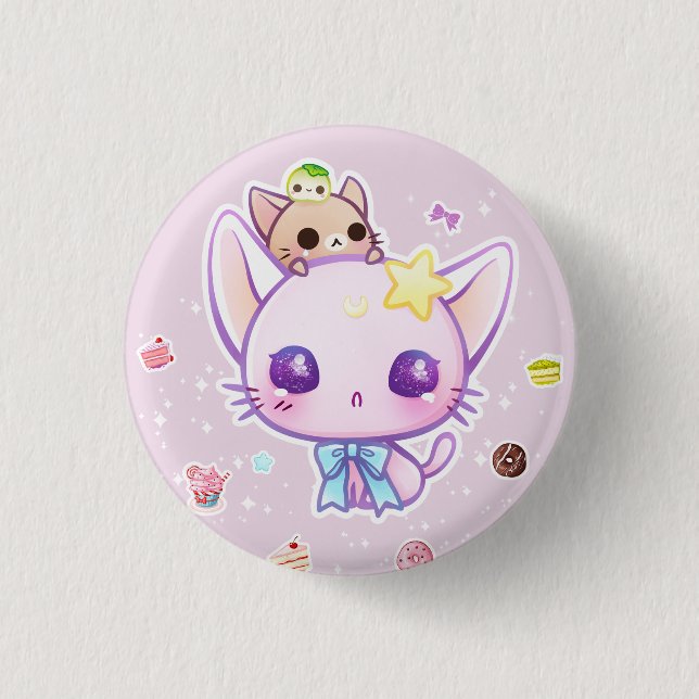 Kawaii star kitty with cute cakes 3 cm round badge (Front)
