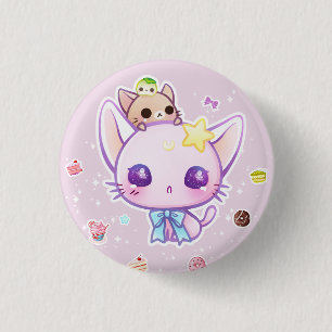 Kawaii star kitty with cute cakes 3 cm round badge
