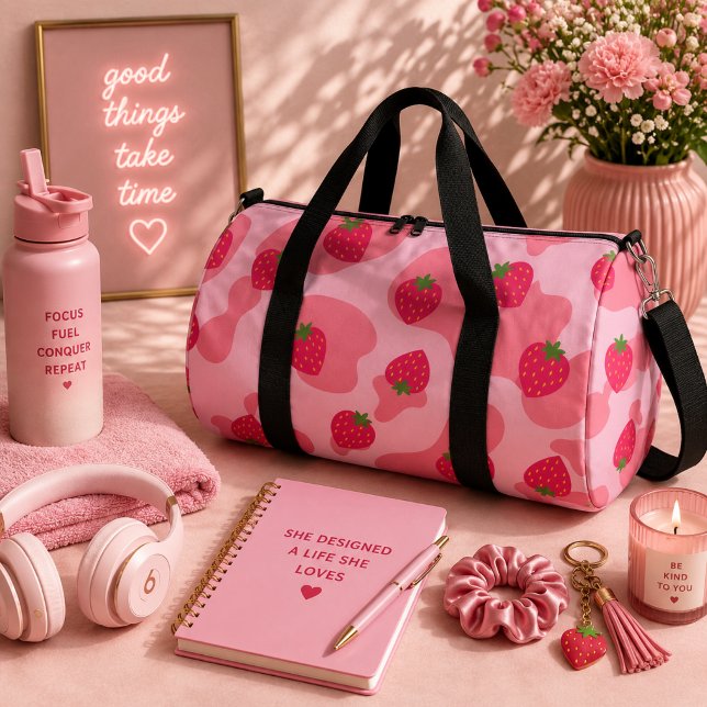 kawaii strawberry cow pattern  duffle bag (Creator Uploaded)