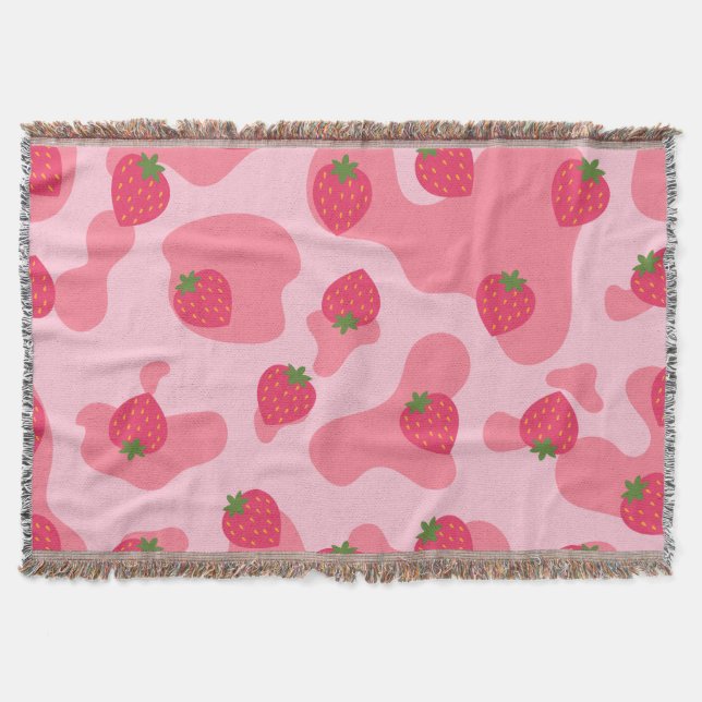 kawaii strawberry cow pattern throw blanket (Front)