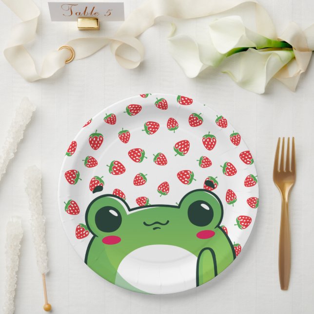 Kawaii Strawberry Frog Postcard Paper Plate (Wedding)